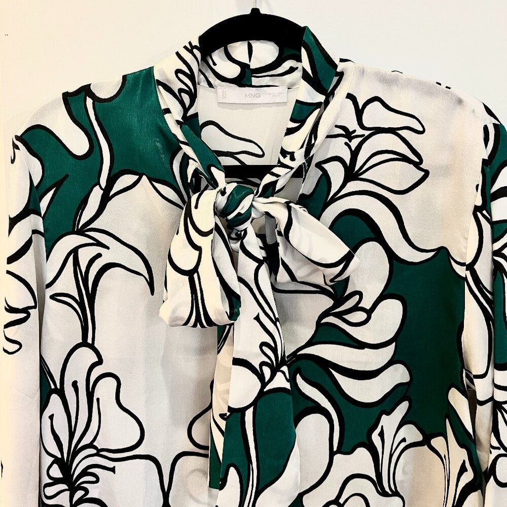 Mango Silky Green & White Drapey Floral Blouse, Size 4